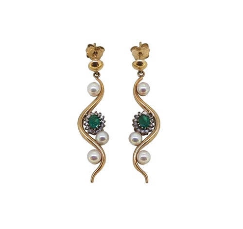 Lot 126 - A pair of 9ct gold emerald and diamond ear pendants