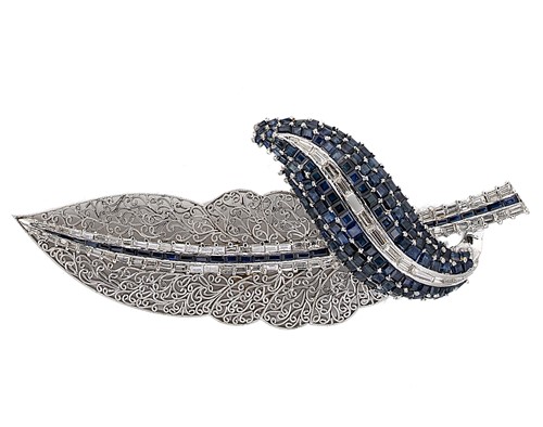 Lot 287 - A sapphire and diamond feather brooch