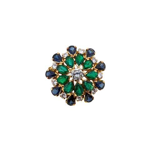 Lot 127 - A diamond, sapphire and emerald floral brooch