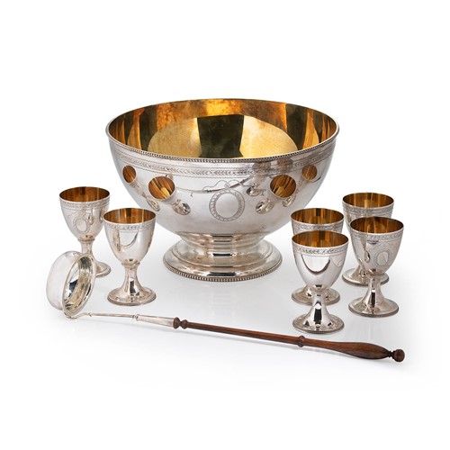 Lot 566 - An Elizabeth II silver punchbowl with 6 goblets and ladle