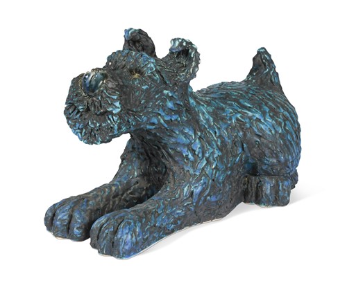 Lot 63 - Sarah Cox (Contemporary), a blue glazed model of a Schnauzer