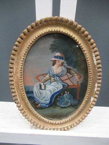 Lot 138 - Reverse glass painting of a lady seated on a garden bench