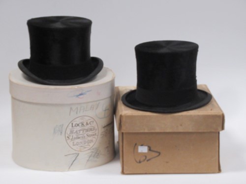 Lot 123 - 2 black silk top hats