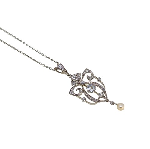 Lot 230 - An Edwardian diamond and pearl pendant and chain