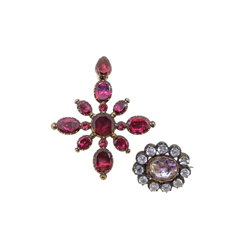 Lot 47 - A Georgian garnet cross pendant/brooch, together with a Georgian amethyst and paste brooch