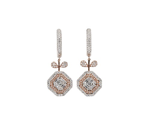 Lot 275 - A pair of rose and white diamond set ear pendants