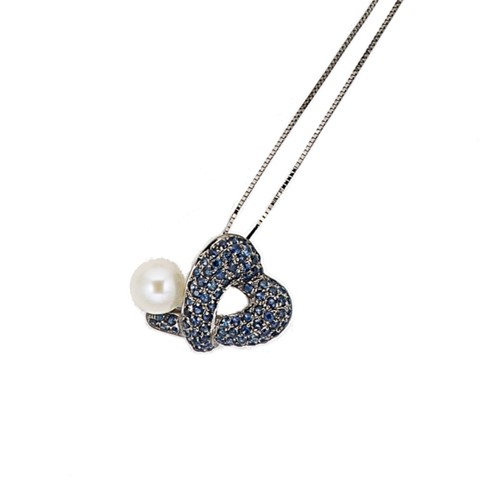 Lot 197 - A sapphire and pearl heart shaped pendant and chain