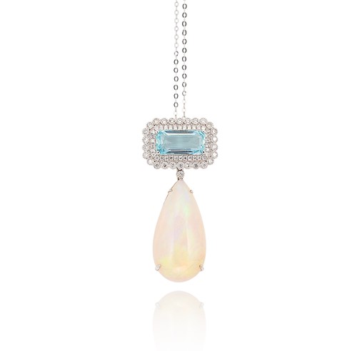 Lot 98 - An opal and aquamarine pendant and chain