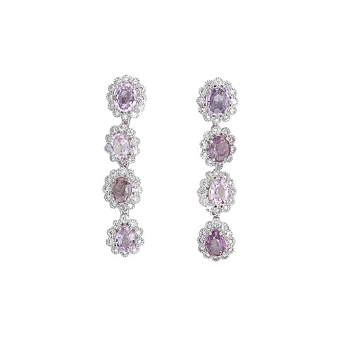Lot 156 - A pair of pink sapphire and diamond ear pendants