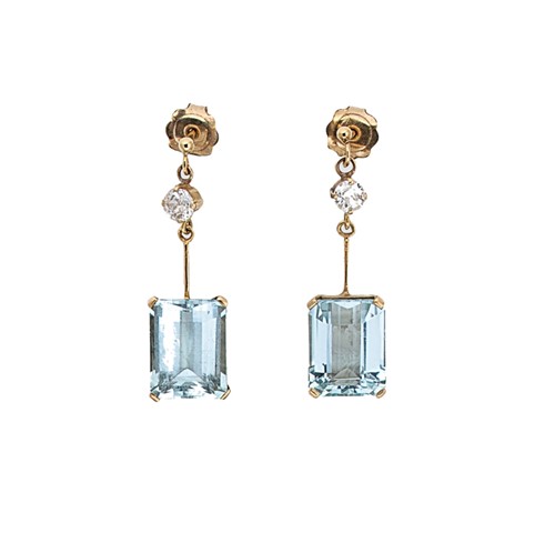 Lot 154 - A pair of aquamarine and diamond ear pendants