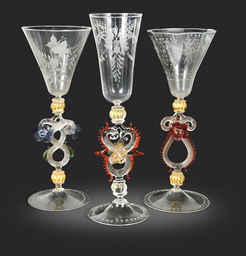 Lot 720 - Three Façon de Venise glasses, in 17th century style