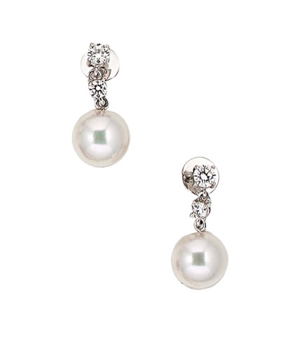 Lot 238 - A pair of 18ct gold pearl and diamond ear pendants