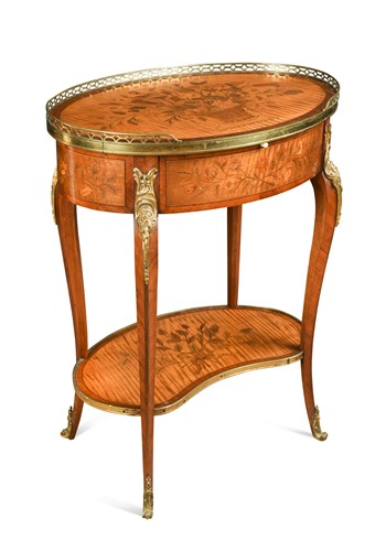 Lot 708 - A Louis XV style kingwood and marquetry two-tiered side table