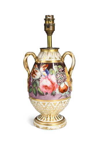 Lot 604 - A Coalport two-handled vase, 19th century, now converted to a lamp