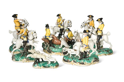 Lot 784 - A set of seven Nymphenburg porcelain hunting figures, circa 1960