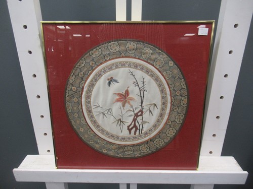 Lot 308 - a Chinese circular silk embroidery, framed; a...