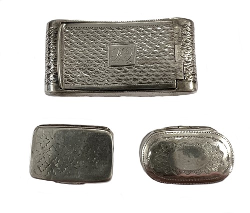 Lot 406 - A 19th century silver snuffbox and two miniature vinaigrettes, mark of Joseph Willmore