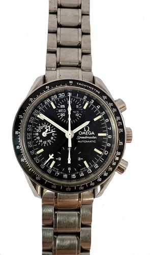 Lot 358 - Omega - A steel 'Speedmaster' triple calendar chronograph wristwatch