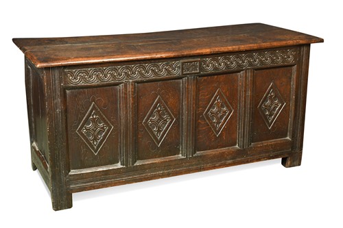 Lot 507 - An oak four-panel coffer, 17th century
