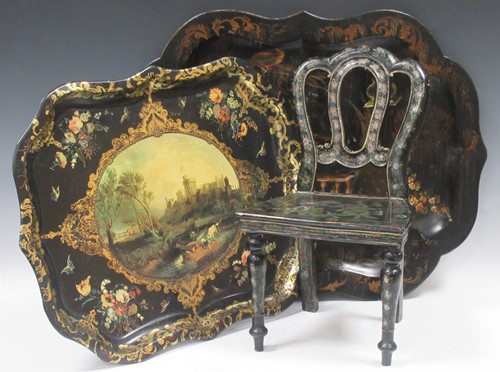 Lot 872 - A papier mache painted tray together with a...