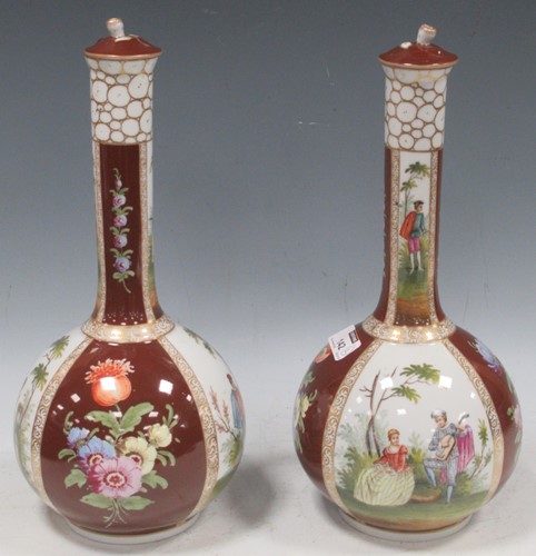 Lot 142 - A pair of Dresden style ceramic bottle vases...
