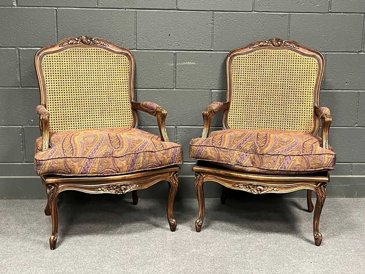 Lot 745 - Three Louis XV style cane bergère chairs