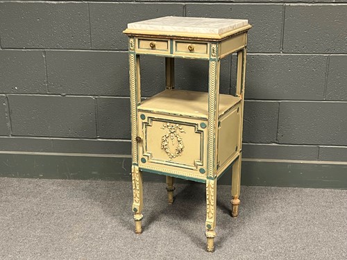 Lot 731 - A green and blue painted bedside cabinet with...