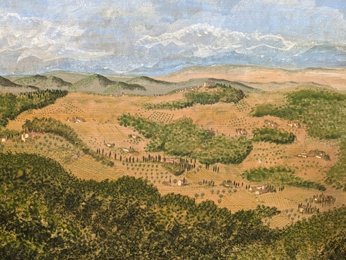 Lot 613 - A Tuscan landscape mixed media on panel 67 x 90cm
