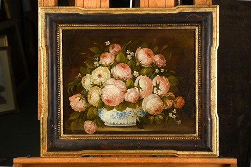 Lot 484 - Three still lifes - two of roses in a blue and...