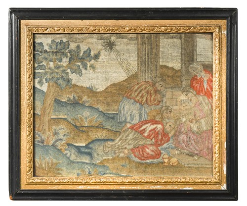 Lot 485 - A Continental woolwork picture of the Adoration of the Magi, 19th century