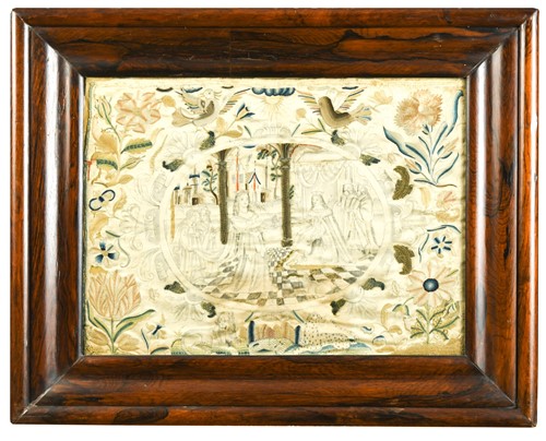 Lot 505 - An unfinished silk stumpwork picture of a royal court scene, 17th century