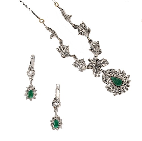 Lot 87 - An emerald and diamond necklace, together with a pair of ear pendants