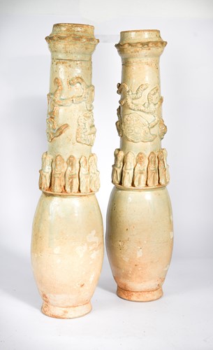 Lot 63 - A pair of Chinese Qingbai glazed funerary vases, Southern Song Dynasty/Yuan