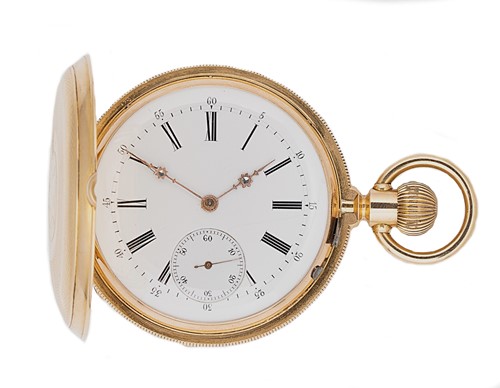 Lot 327 - Unsigned - A Swiss 18ct gold hunter pocket watch - the case marked 'Patek & Cie., Genève'