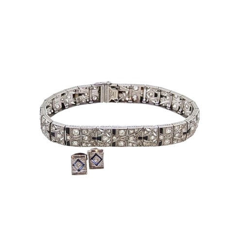 Lot 266 - An Art Deco diamond and onyx bracelet, together with a pair of similar ear studs