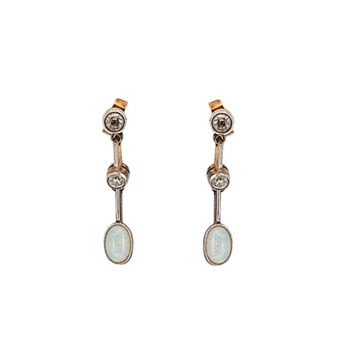 Lot 105 - A pair of Edwardian opal and diamond ear pendants