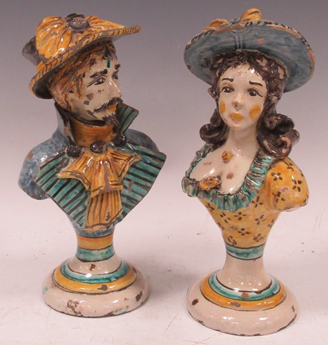 Lot 23 - A pair of Maiolica portrait busts, 26cm high