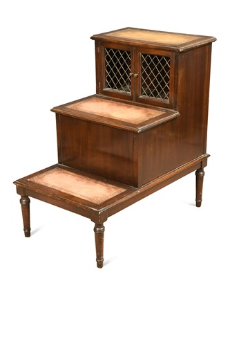 Lot 648 - A set of mahogany and leather library steps, 20th century