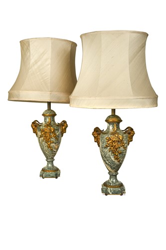 Lot 704 - A pair gilt mounted green marble table lamps, late 19th century