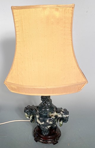Lot 142 - A Chinese mottled grey/green jade type carved tripod censer, 20th century