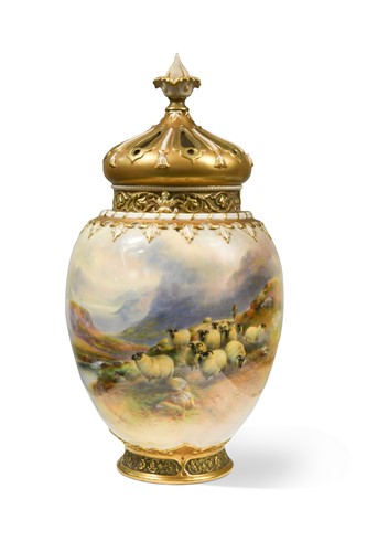 Lot 727 - A large Royal Worcester pot-pourri vase, cover and liner painted by Harry Davis, circa 1912