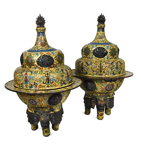 Lot 44 - A pair of Chinese yellow ground cloisonne tripod incense burners and covers, 20th century