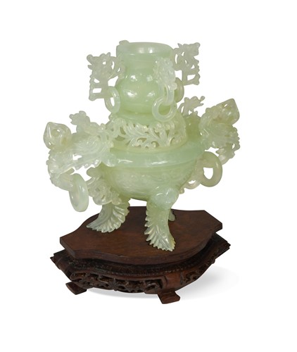 Lot 41 - A Chinese jade tripod vase and cover, 20th century