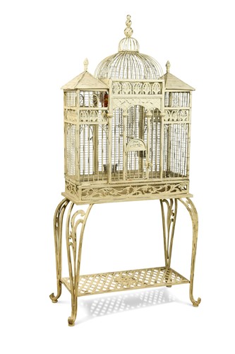 Lot 548 - A French white painted wrought metal birdcage on stand, early 20th century
