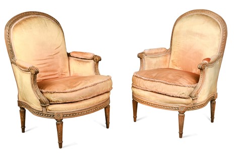 Lot 731 - A pair of Louis XVI style beechwood bergeres, 19th century