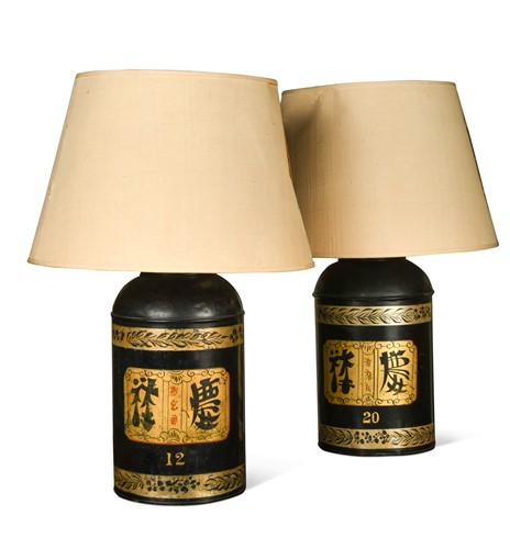 Lot 662 - A pair of Japanned tea canisters, now as lamps, 19th century