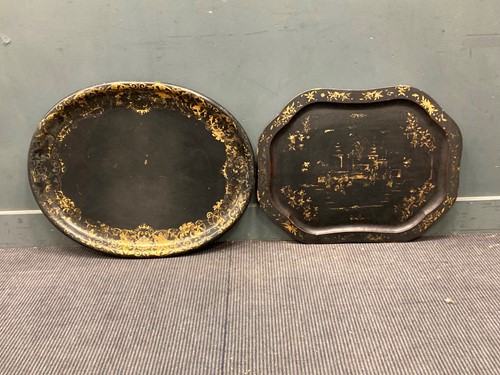 Lot 871 - An oval black and gilt papier mache tray 80 x...