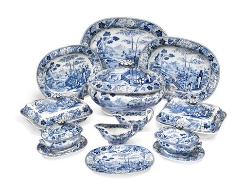 Lot 462 - A Wedgwood blue printed earthenware ‘Bamboo’ pattern dinner service, early 19th century