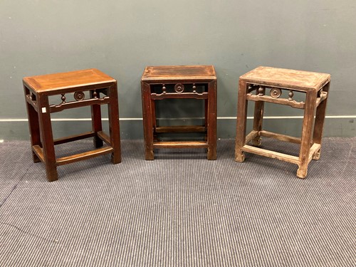 Lot 766 - Three Chinese hardwood stools, 48 x 41 x 30cm...