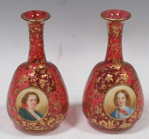 Lot 105 - A small pair of Bohemian ruby glass vases...